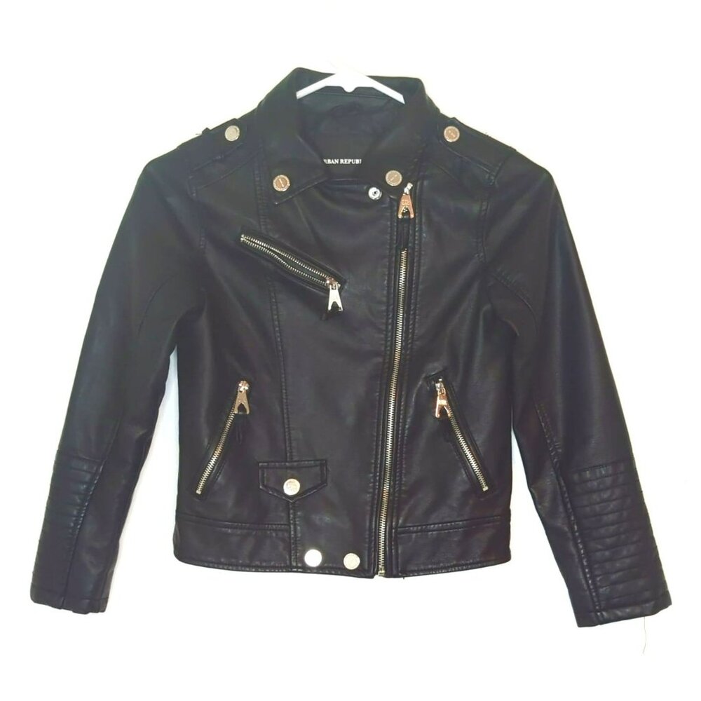 Urban Republic Black Faux Leather Moto Jacket Girls M (10/12) With Zipper Pocket